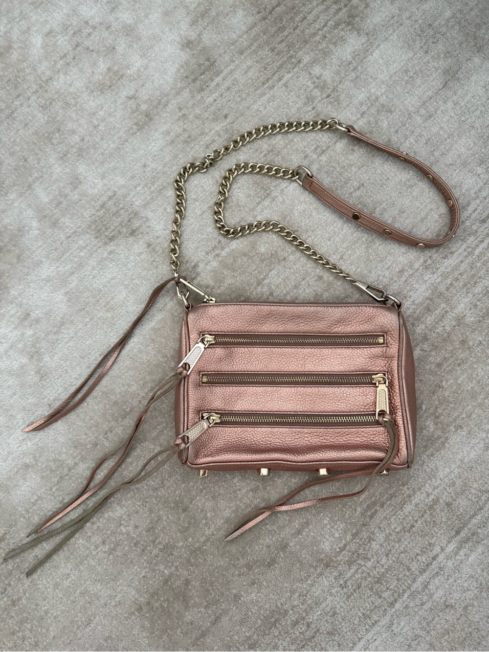 Rebecca Minkoff Rose Gold Metallic Leather Mini Crossbody with Chain Strap